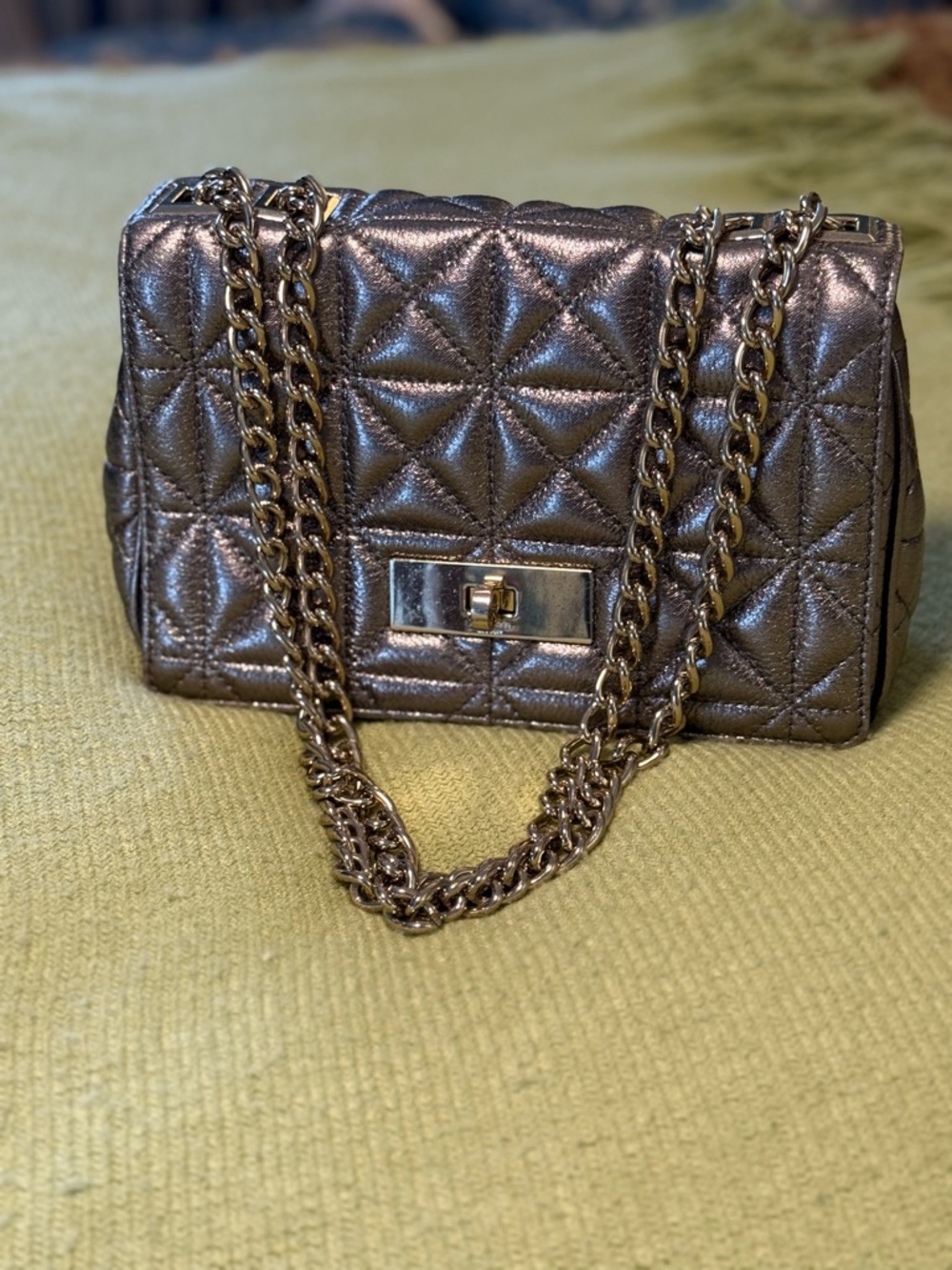 Kate Spade - Quilted Metallic Pewter Crossbody Bag with Chain Strap